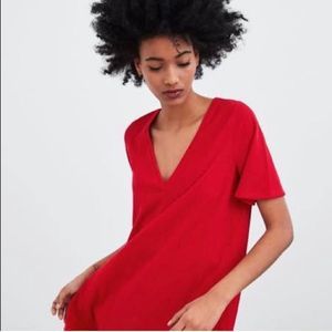 ZARA Red V-Neck Flowy Short Sleeve Mini Dress